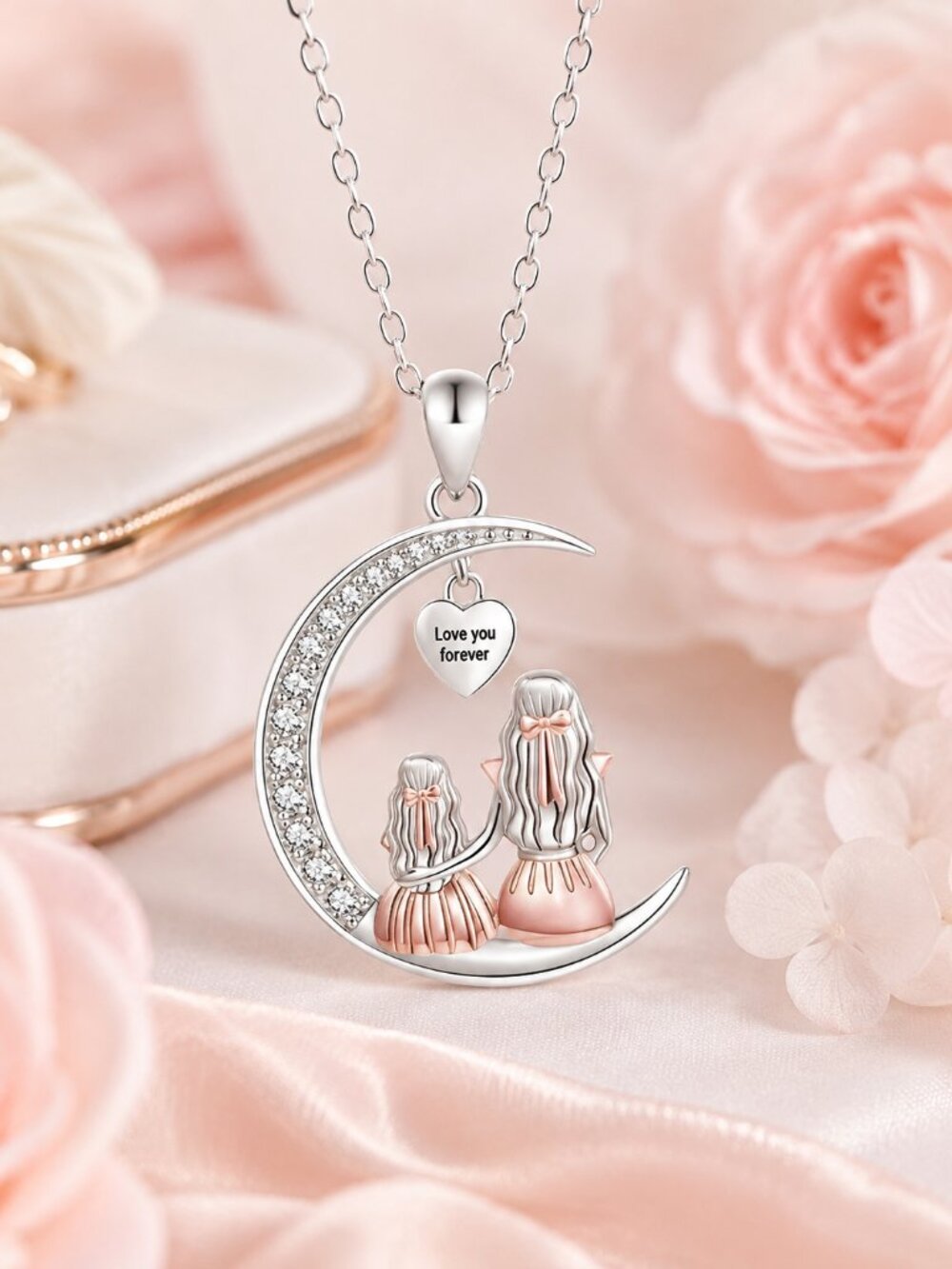 Mother & Daughter Crescent Moon Necklace Love You Forever NWT